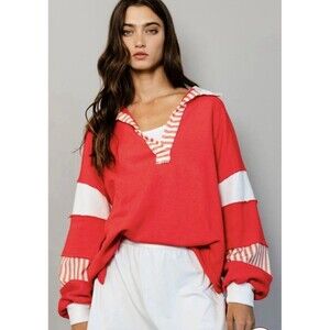 Bucket List Women’s S Red White Striped French Terry Pullover Sweater Raw Hem
